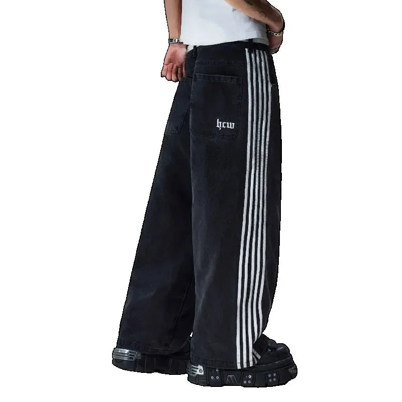 new hip hop baggy jeans harajuku goth y2k jeans for men black striped embroidered wide leg denim pants high street streetwear unique jeans style 301