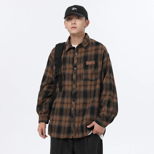 Autumn Long Sleeved Shirt Men Oversized Retro Casual Shirt Men Japanese Streetwear Loose Plaid Shirt