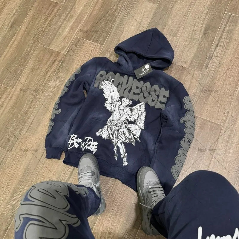 Retro Rock Punk Style Oversized Sweatshirt American Harajuku Colorful Letter Print Graphic Hoodie Men