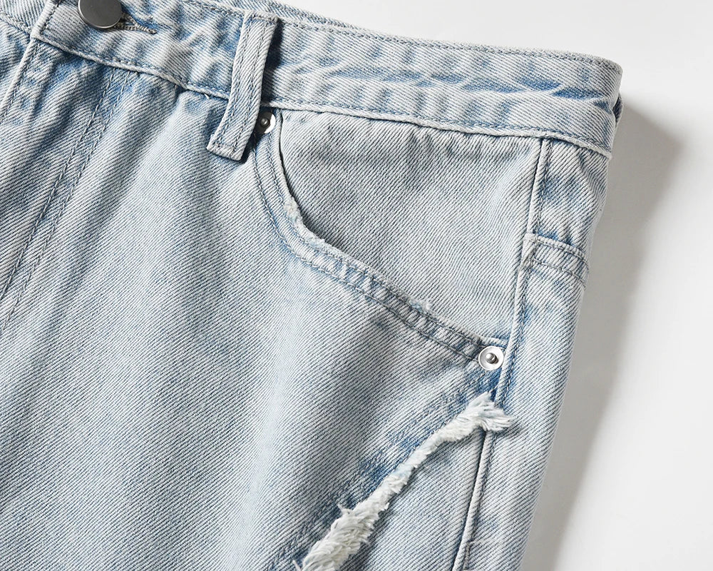 side striped washed ripped blue jeans for men and women streetwear baggy casual denim trousers straight light blue cargo pants military streetwear pants