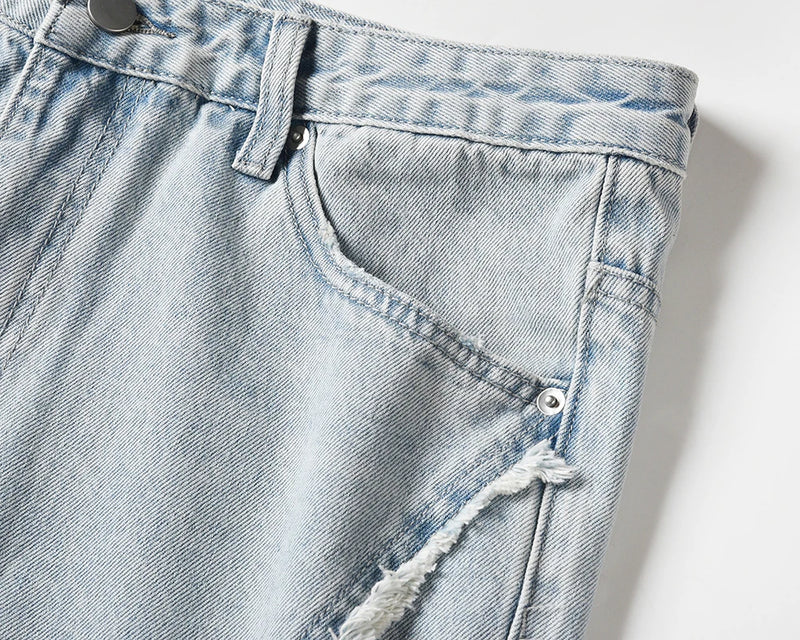 side striped washed ripped blue jeans for men and women streetwear baggy casual denim trousers straight light blue cargo pants military streetwear pants