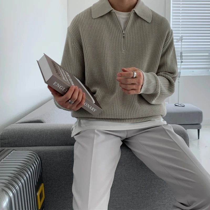 grunge knit sweater with heavyweight fabric, layered urban look for cold weather, street fashion menswear trend for seasonal 