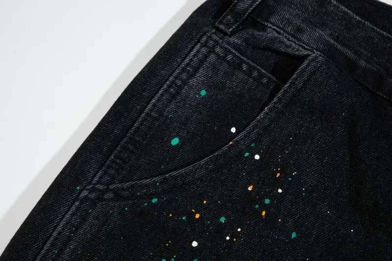 vintage streetwear flared jeans denim hip hop splashing ink wide leg jean overalls for men fashionable retro patchwork jeans y2k unique jeans style 498
