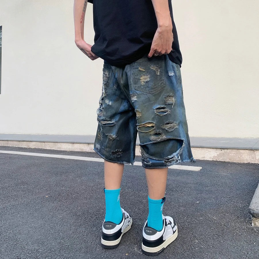 destroy ripped big holes spliced denim jeans shorts hip hop loose short pant harajuku half baggy jeans mens summer casual shorts unique jeans style 2681