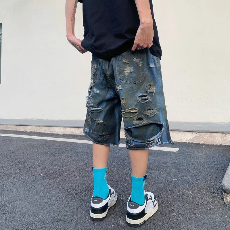 destroy ripped big holes spliced denim jeans shorts hip hop loose short pant harajuku half baggy jeans mens summer casual shorts unique jeans style 2681