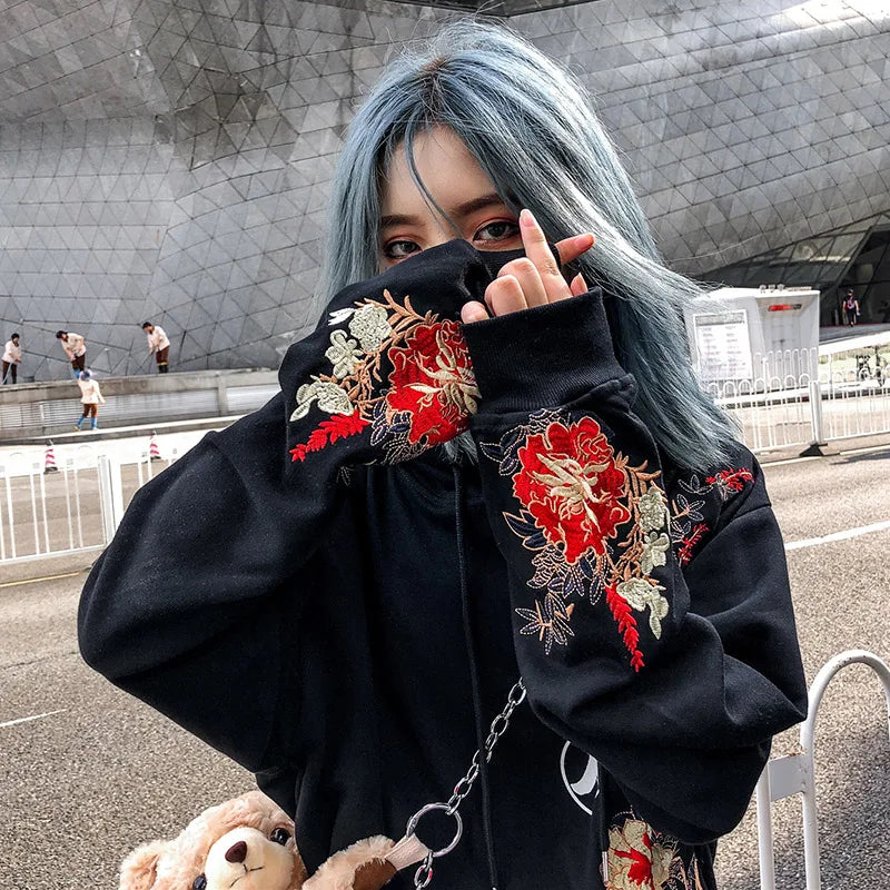 2023 Men Hip Hop Hoodie Sweatshirt Embroidered Floral Full Moon Rabbit Harajuku Streetwear Hoodie Pullover Cotton Autumn Hipster