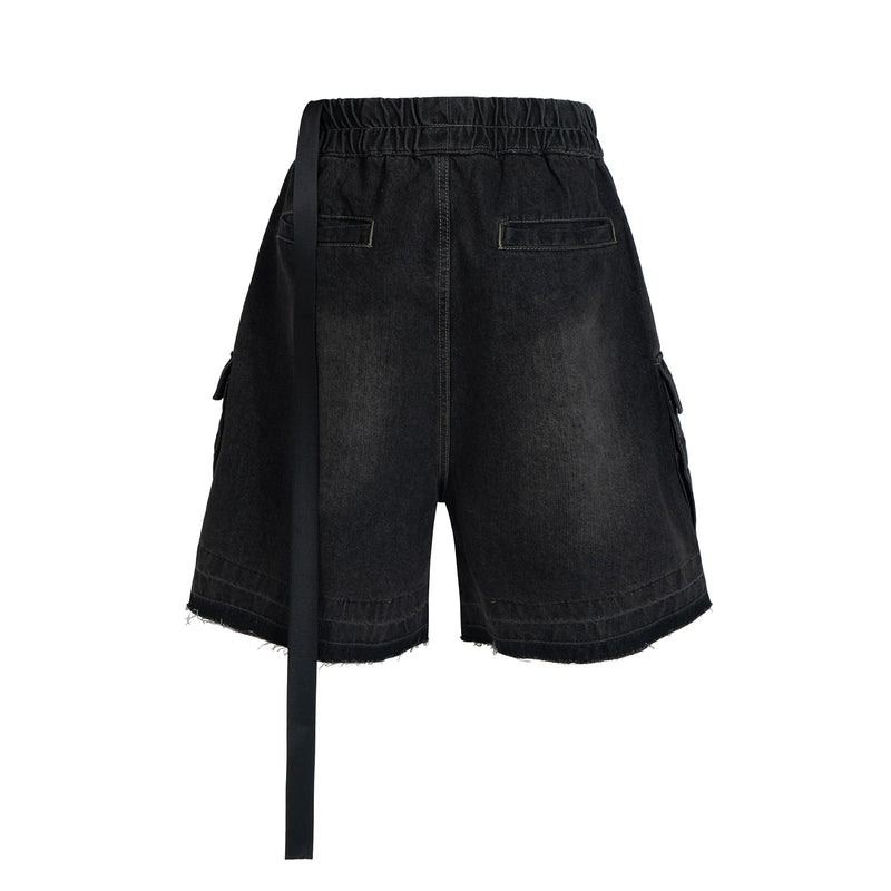 ro style ribbons streetwear multi pockets cargo short for men elastic waist wide leg baggy jeans knee length pants loose overall combat utility trousers