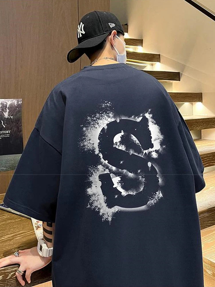 Cyberpunk Graphic tee – Dragon Design Letter S Print Tops Men Fashion Crewneck Short