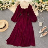 Chic Elegant Square Collar Maxi Dress Women Solid Chiffon Puff Sleeve Dresses 2023 Korean Fashion Vintage Ruffle Vestidos