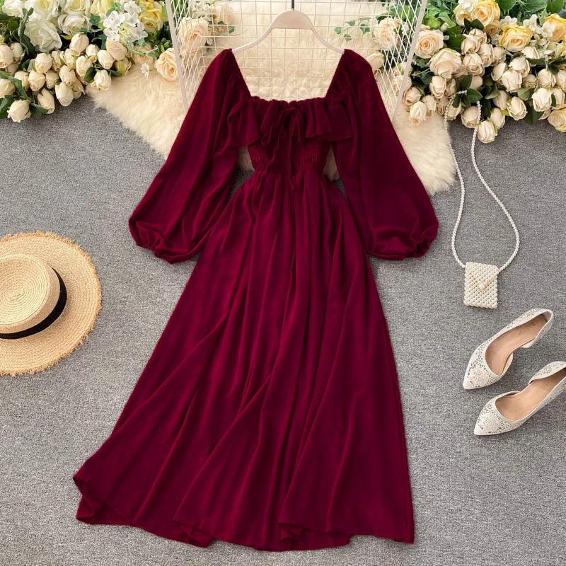Chic Elegant Square Collar Maxi Dress Women Solid Chiffon Puff Sleeve Dresses 2023 Korean Fashion Vintage Ruffle Vestidos