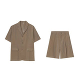 Men  Casual Suit Trendy New Neutral Solid Blazer Collar Shirts LGBT Design Short-sleeved Blouse Shorts Two-piece Set