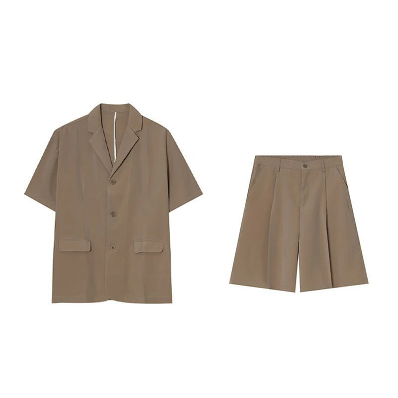 Men  Casual Suit Trendy New Neutral Solid Blazer Collar Shirts LGBT Design Short-sleeved Blouse Shorts Two-piece Set