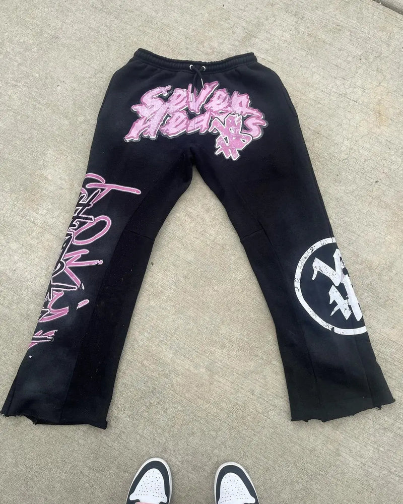 high street summer casual seven hearts pattern sweatpants retro y2k street hip hop straight harajuku streetwear men clothing relaxed fit joggers