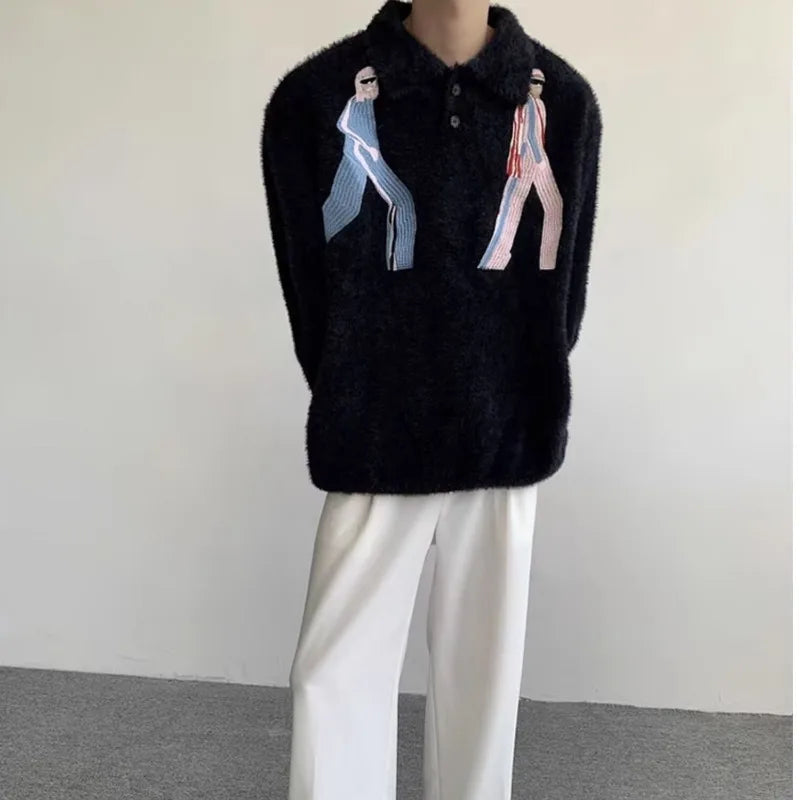 varsity flame knitwear, statement sweater, cozy knitwear for men, oversized grunge aesthetic winter top