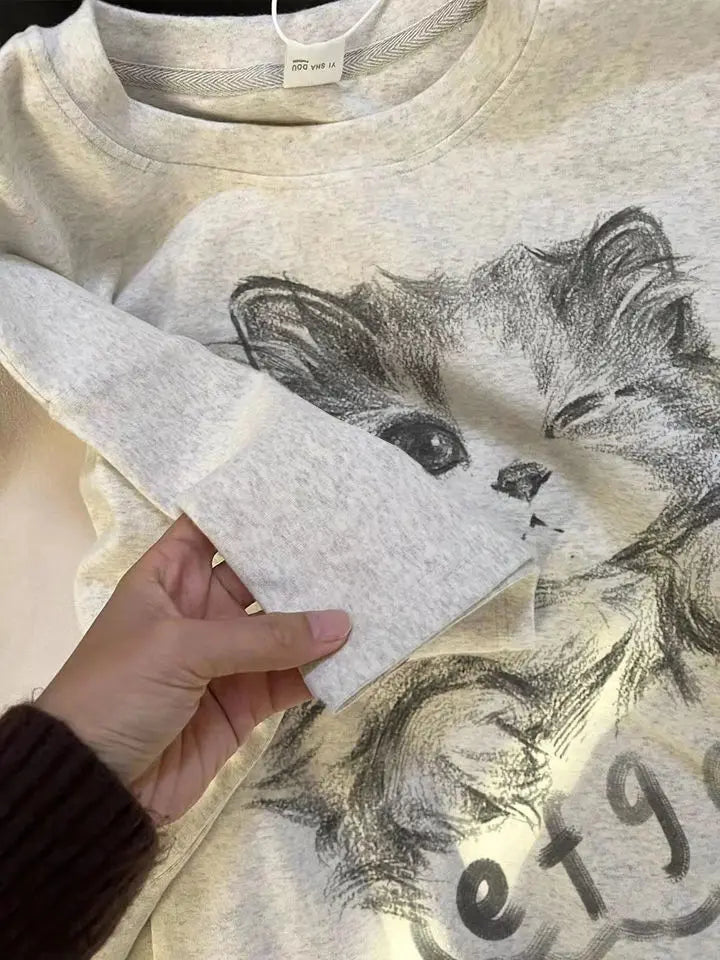 Sadcore Aesthetic piece – Korean Summer Men And Women Trend Personalized Cat Print Rou