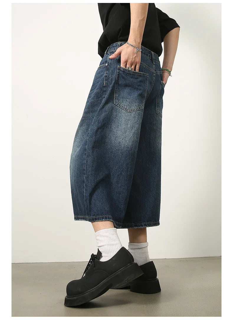 men summer streetwear fashion loose casual wide leg denim calf length jeans pants male vintage jeans baggy hosen pants unique jeans style 1491