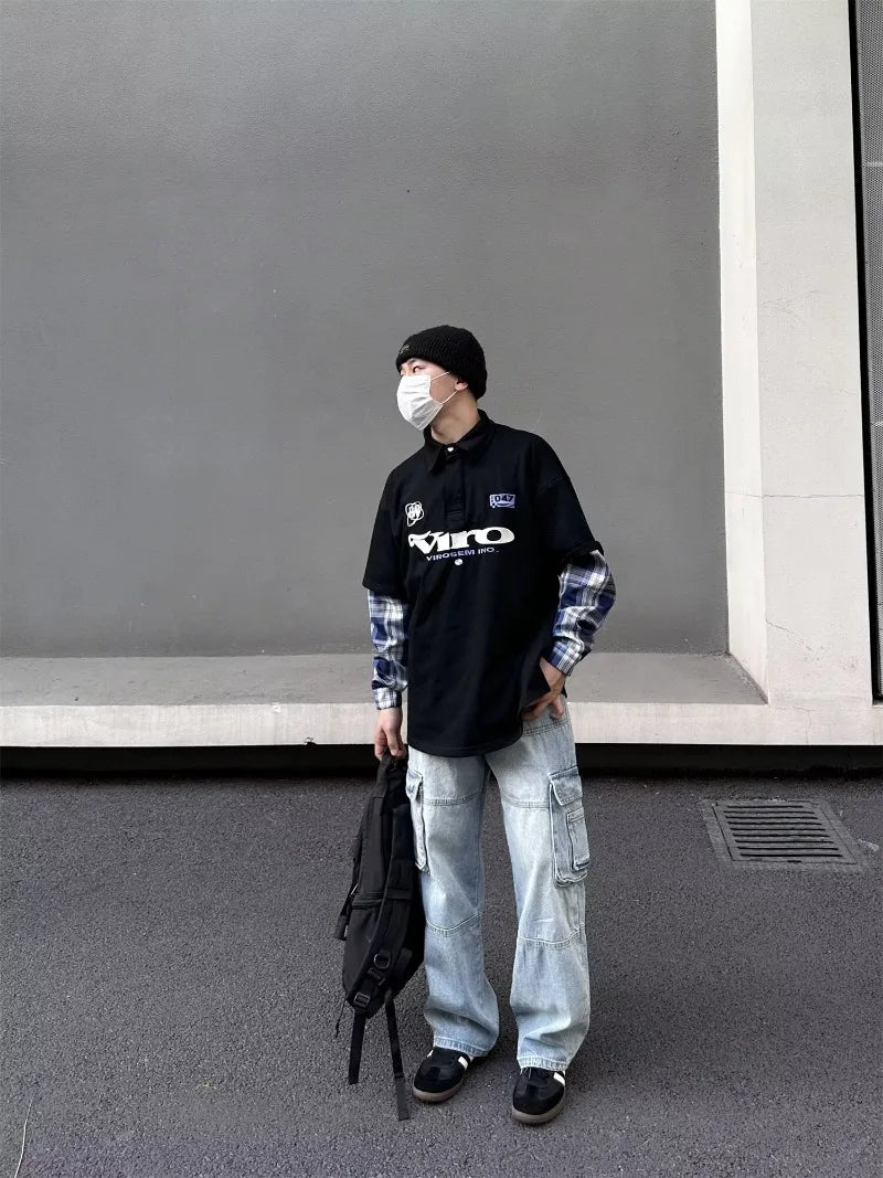 street japanese mens set embroidered fake two piece patchwork tops hip hop washed jeans 2 piece harajuku suits y2k streetwear unique jeans style 4755