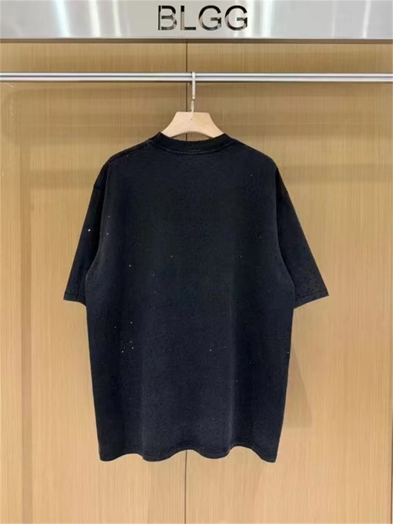 BALCG Style Original Heavy duty Starry Sky Washed Olded Starry Sky Rhinestone Oversized Loose Short sleeved T-shirt White