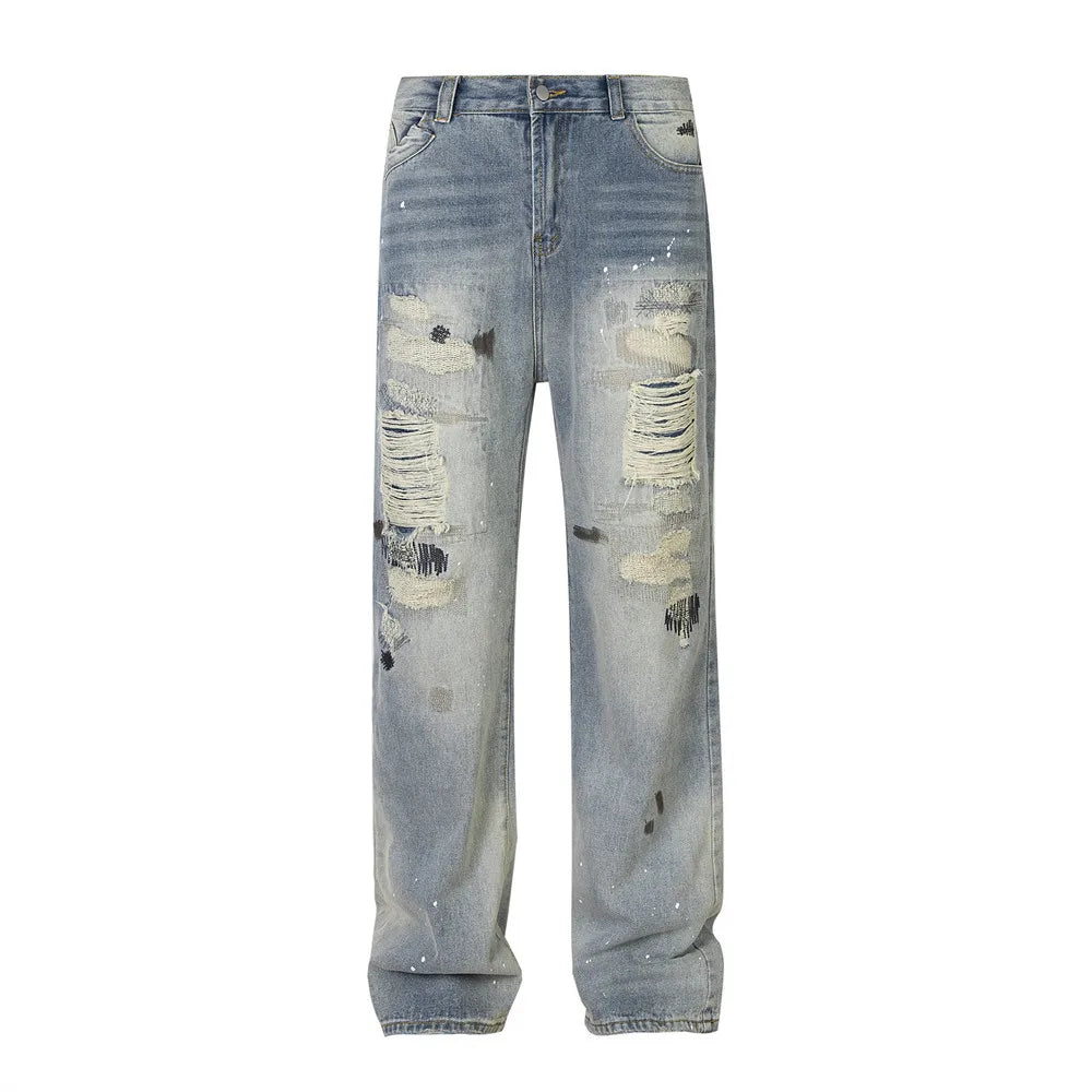 mens fashion ripped jeans blue straight baggy jeans trousers luxury loose casual distressed denim pants male 1 vintage washed jeans