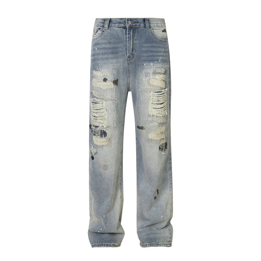 mens fashion ripped jeans blue straight baggy jeans trousers luxury loose casual distressed denim pants male 1 vintage washed jeans