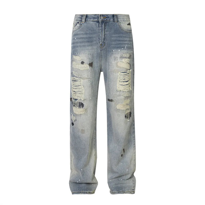 mens fashion ripped jeans blue straight baggy jeans trousers luxury loose casual distressed denim pants male 1 vintage washed jeans