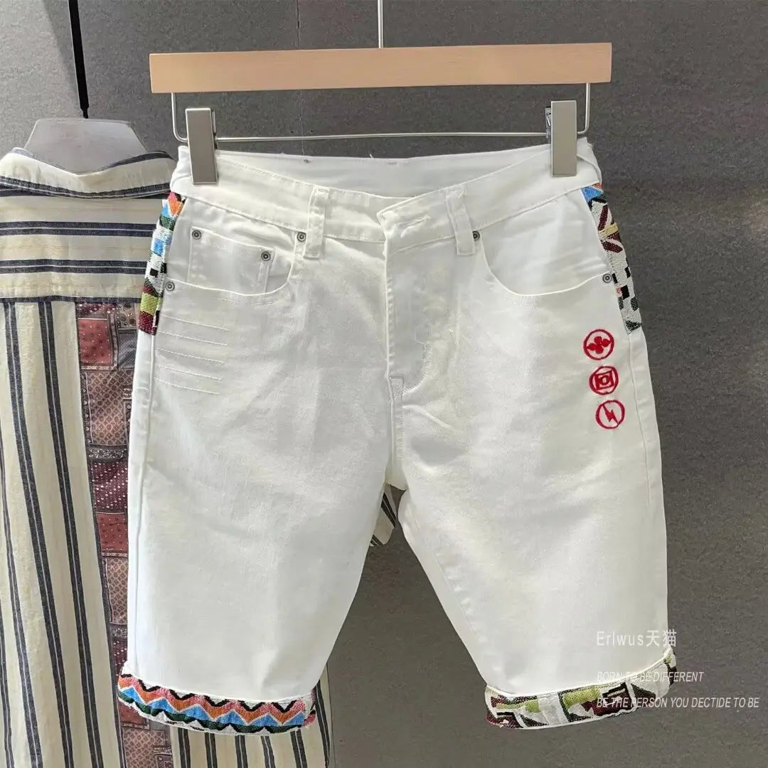 Summer New Denim Shorts Men's Stitching Embroidery Ripped Knee-length Shorts
