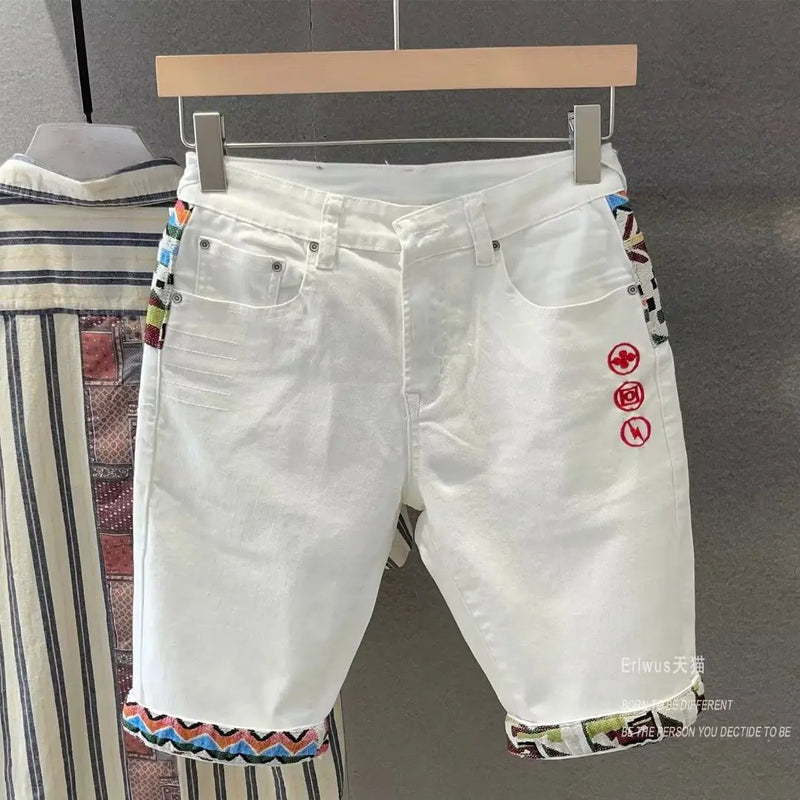 Summer New Denim Shorts Men's Stitching Embroidery Ripped Knee-length Shorts White 2024 Korean Fashion High Quality Jeans