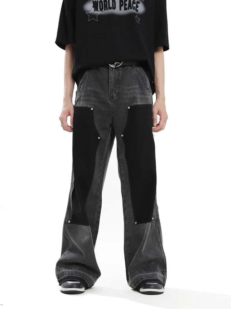 hip hop graffiti black wide leg jeans mens vintage distressed patches ink splashed jeans y2k logging cargo denim trousers women unique cargo style 4499