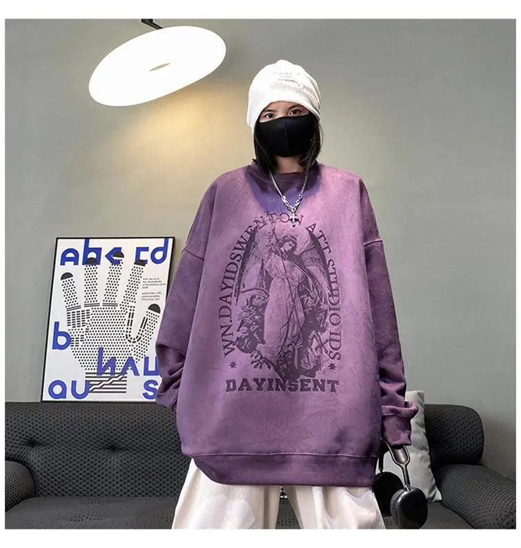 Autumn Korean Personality Street Boys Unisex Round Neck Sweatshirt Trendy American Couple Suede Long-sleeved Shirt Top