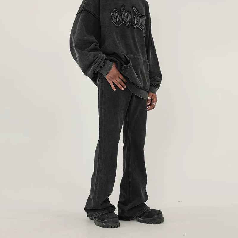 american ro black washed frayed flared jean high street trend personality vintage slim fit flare denim pants cleanfit distressed urban skinny jeans