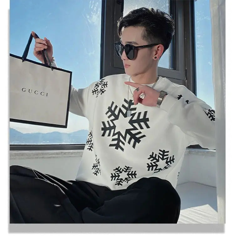 bold graphic pullover, layered streetwear look, soft knit pullover with flame design, y2k fashion statement