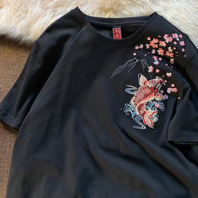 Cyberpunk Graphic Tee – New Summer Aesthetic Vintage Carp Fish Embroidery T Shirts W – Modern Streetwear for Everyone