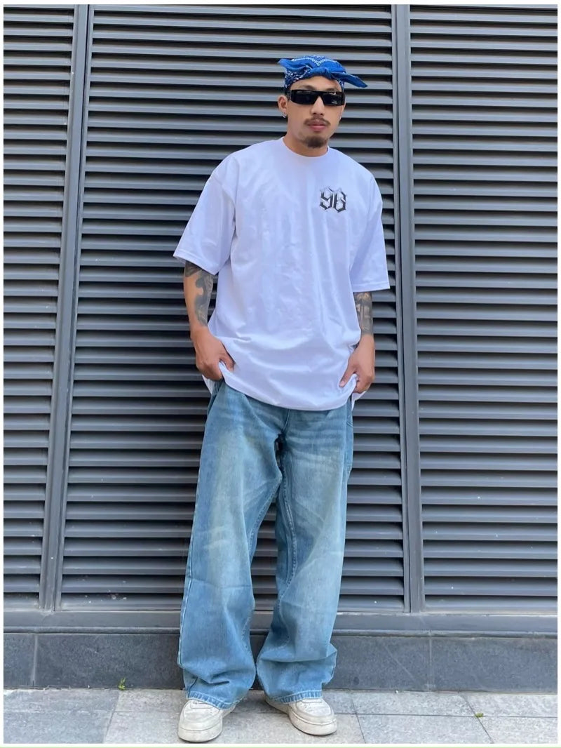 fashion loose streetwear denim jeans pants unisex casual side pocket wide legs jean trousers hip hop joggers mens baggy jeans relaxed fit joggers