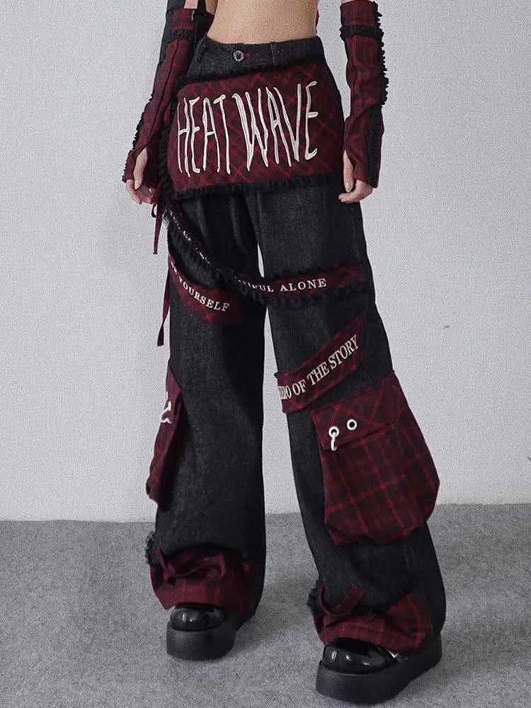 embroidered patchwork red checkered multi pocket jeans with high waist and slimming effect floor length pants baggy jeans women unique jeans style 2585
