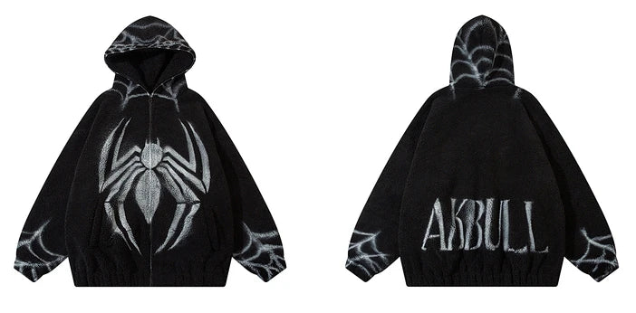 mens harajuku spider graffiti fleece jackets and coats hairy zipper hooded outerwear warm streetwear parkas loose bomber jack - variant style 3461ef for streetwear fashion
