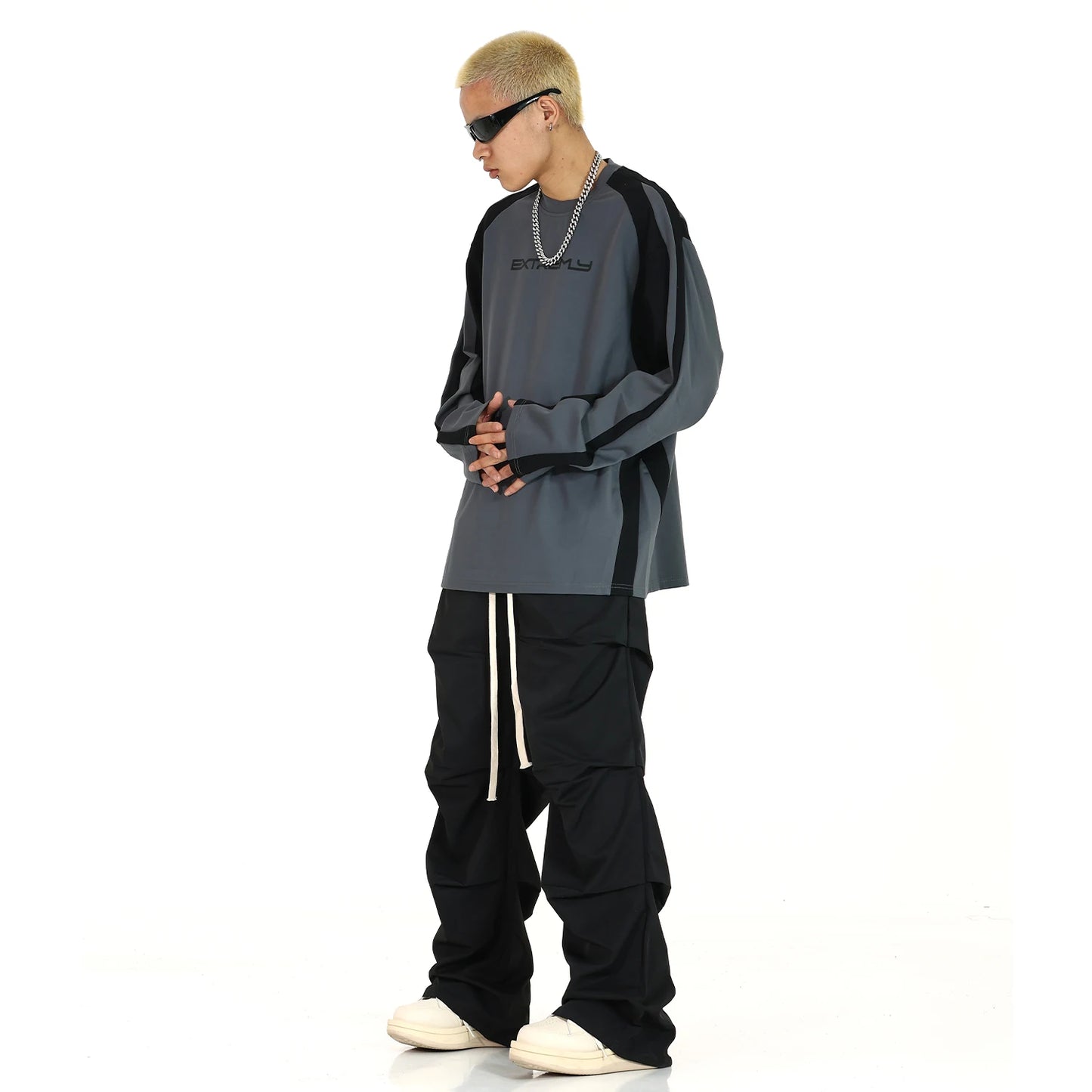 side fold baggy pants men casual elastic waist straight trousers streetwear new fashion drawstring unisex hip hop pants joggers unique joggers style 5119