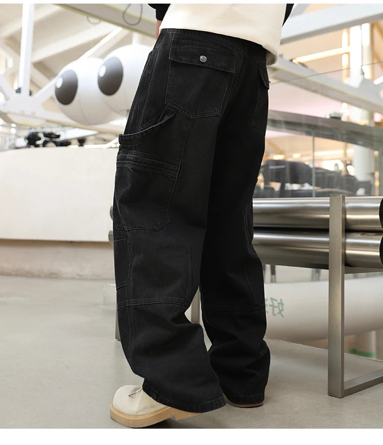 men american streetwear fashion loose casual hip hop wide leg black denim baggy jeans pants man y2k cargo jeans trousers unique cargo style 2338