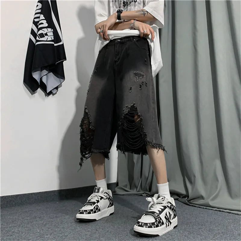 New Style Ripped Denim Shorts Men's Clothing 2024 Summer Five-point Korean Casual Youth Straight Trousers Boutique Clothing