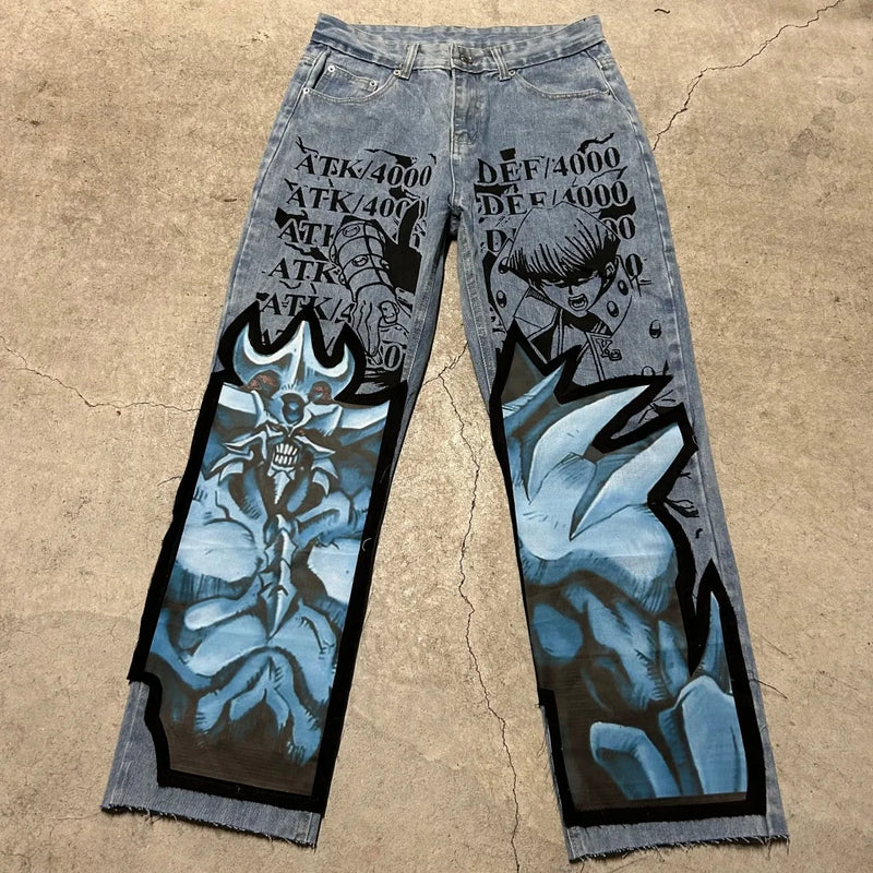 harajuku y2k baggy jeans the winged dragon of ra print wide leg denim pants popular anime jeans streetwear trouser men clothing denim street jeans