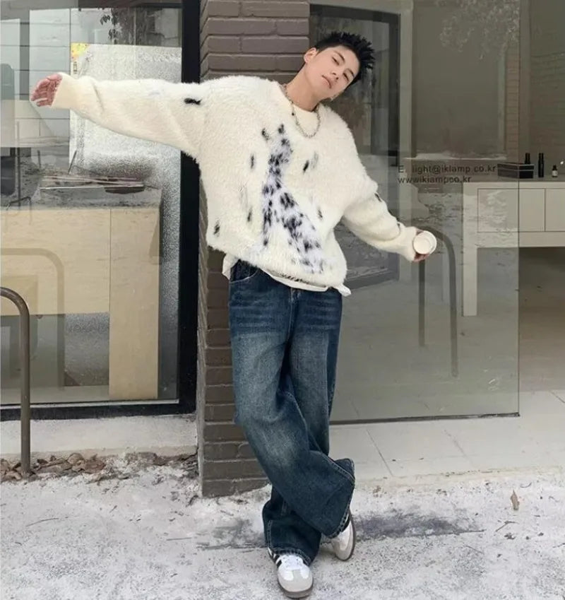 varsity flame knitwear, statement sweater, cozy knitwear for men, oversized grunge aesthetic winter top