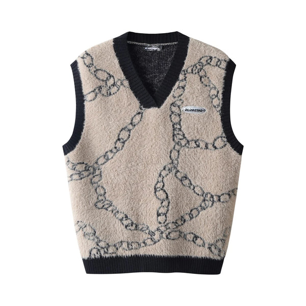 high street harajuku imitation mink hair knitted vest chain color block v neck pullover sweater vest oversized knitwear trendy trendy hip hop style outerwear, Y2K vintage urban hoodie, unique limited edition hoodie