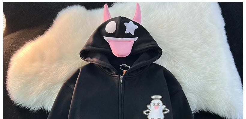 Japanese Devils Corner Hoodie Womens Couple Loose Gothic Winter Clothing Plush Hoodie