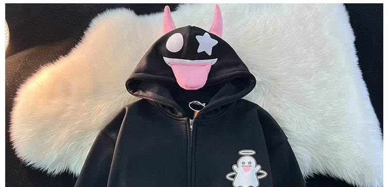 Japanese Devils Corner Hoodie Womens Couple Loose Gothic Winter Clothing Plush Hoodie Womens Zipper Hoodie  sweatshirt