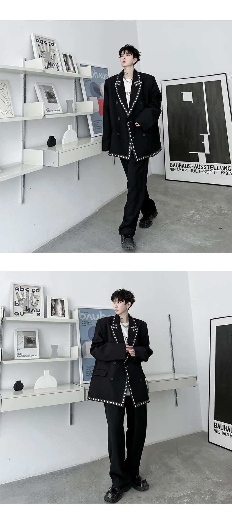 men streetwear fashion loose casual rivet hip hop party dress 2 piece suits blazers jacket pant sets stage clothing costume unique default style 1550
