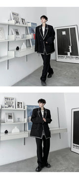 men streetwear fashion loose casual rivet hip hop party dress 2 piece suits blazers jacket pant sets stage clothing costume unique default style 1550