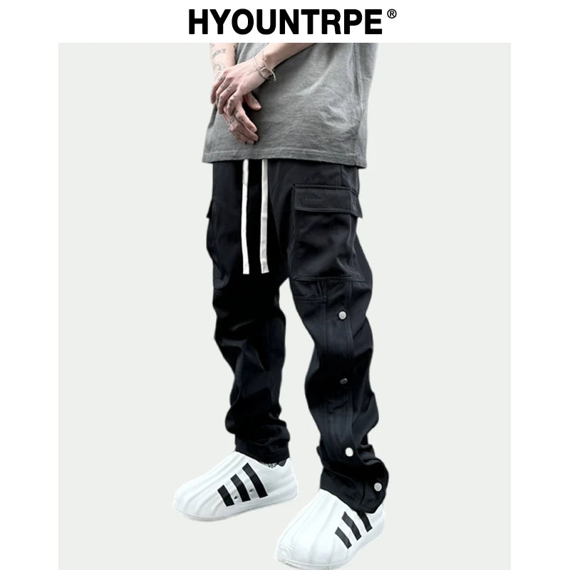 fashion casual hip hop joggers side button trousers elastic waist drawstring track sweatpants new cargo streetwear mens pants sporty tapered joggers