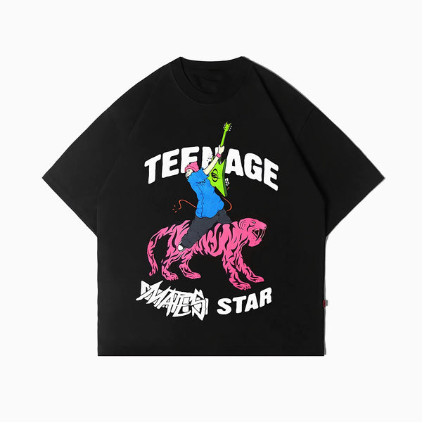 y2k glitchcore tee with bold manga cartoon and neon accents