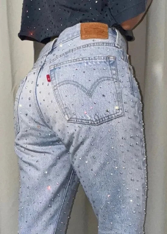 baggy jeans women high waist slim y2k pants gothic pocket sequins rhinestone retro blue jeans fashion straight denim trousers urban skinny jeans