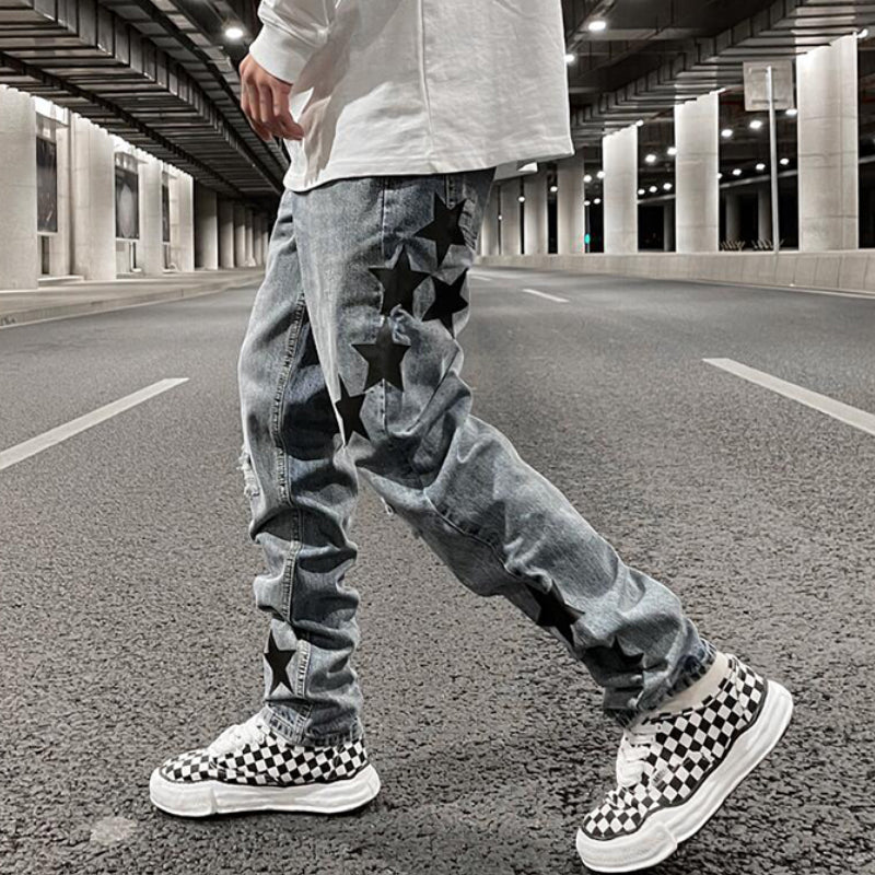 fashion ripped destroied jeans trousers distressed biker jeans with stars high street slim pants joggers denim jeans for men unique joggers style 3256