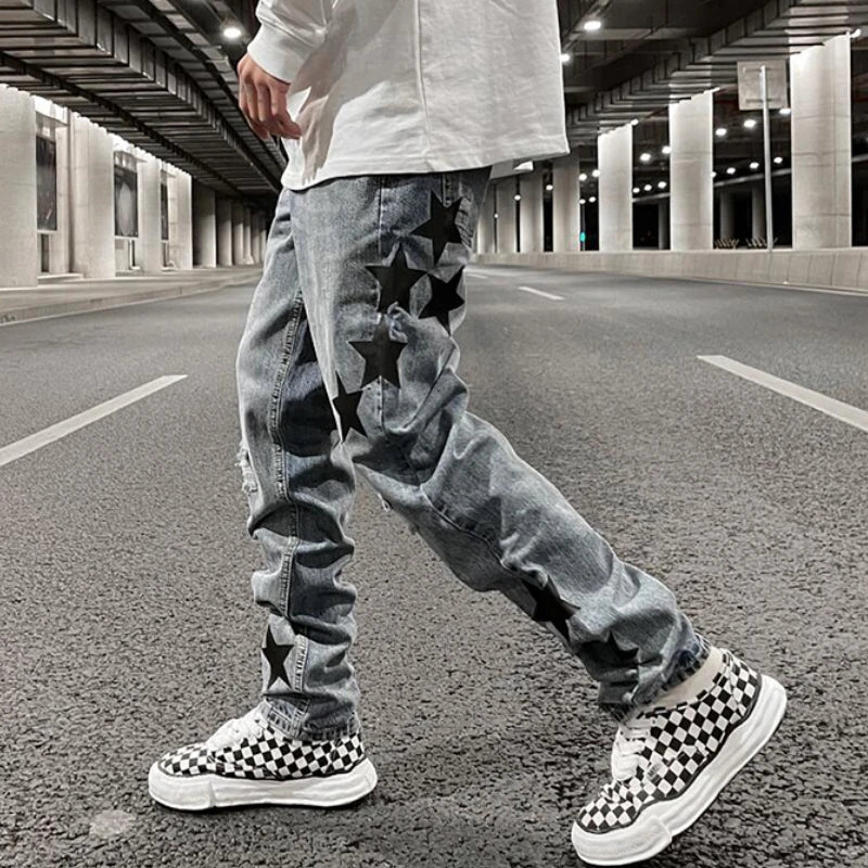 fashion ripped destroied jeans trousers distressed biker jeans with stars high street slim pants joggers denim jeans for men relaxed fit joggers